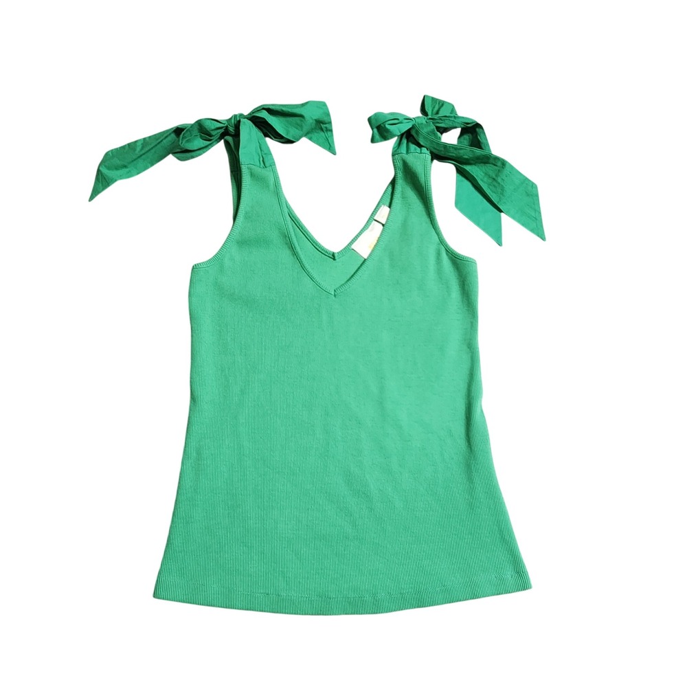 Maeve by Anthropologie Green Ribbed Bow V-Neck Tank Top NWT Size S